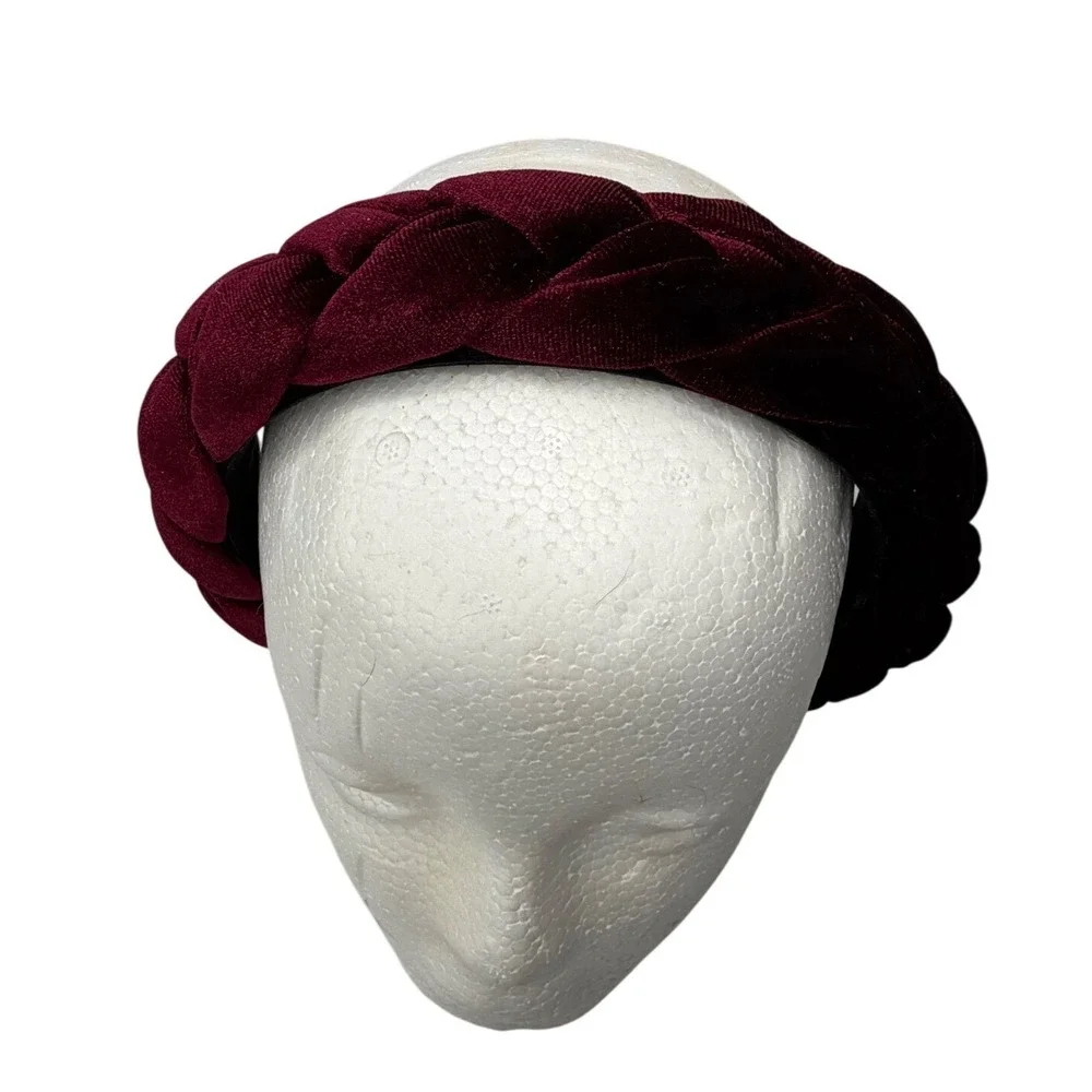 Burgundy Braided Velvet Padded Headband Womens Wide Hair Accessory Wine Red